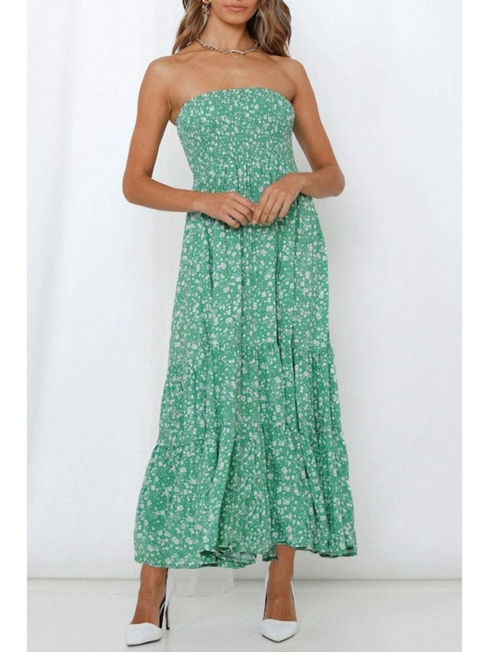 Women's Green Summer Boho Strapless Maxi Off Shoulder Smocked Flowy Dress - Picture 3 of 6